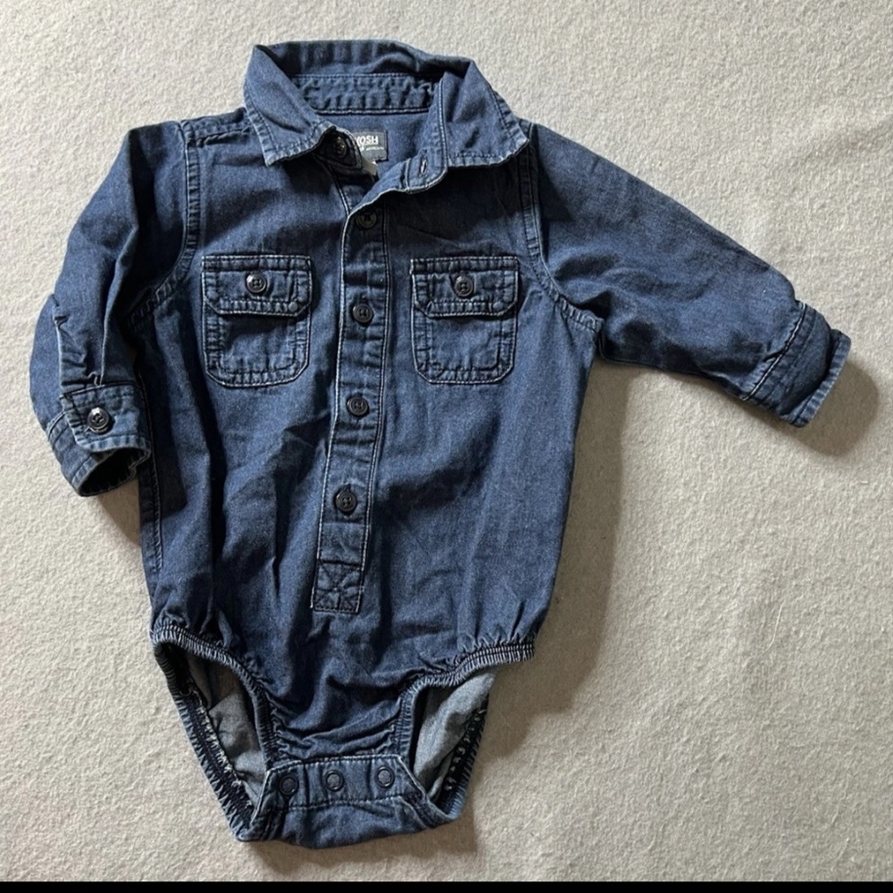 OshKosh "Denim" Long-Sleeve Bodysuit Boys 12Mo Dark Wash Neutral Preppy Classic
